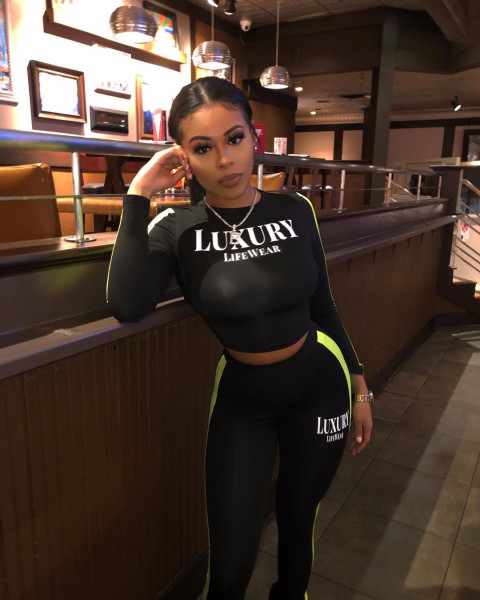 Sports Letter Printed Round Neck Long Sleeves Mini Top With Trousers Two Piece Set FF1042