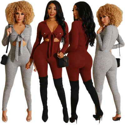 High Quality Thin Ladies High Waist V Neck Skinny Jumpsuit AMM8199