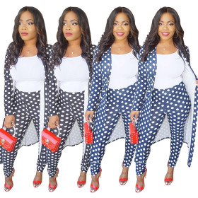 Autumn Polka Dot Outfits Cardigans Long Coat Tight Leggings Q156