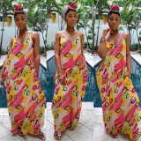 Newest Printing V Collar Leisure Condole Belt Maxi Dress MA6223