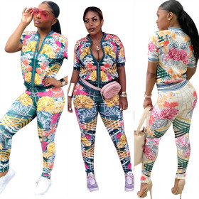 Hot Sell Floral Print Casual Suits Short Sleeve Coat Bodycon Pants YZ1562