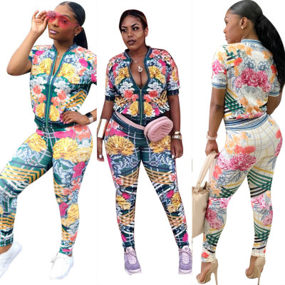Hot Sell Floral Print Casual Suits Short Sleeve Coat Bodycon Pants YZ1562