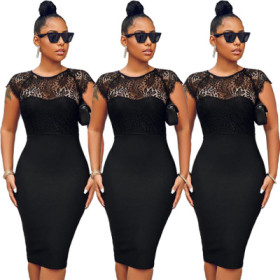 Sexy Black Slim Bodycon Lace Patchwork Midi Dress LA3078