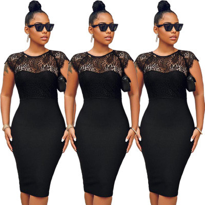 Sexy Black Slim Bodycon Lace Patchwork Midi Dress LA3078