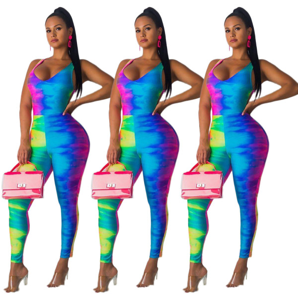 Wholesale Price Tie-Dye Backless Skinny Jumpsuit ZH5108