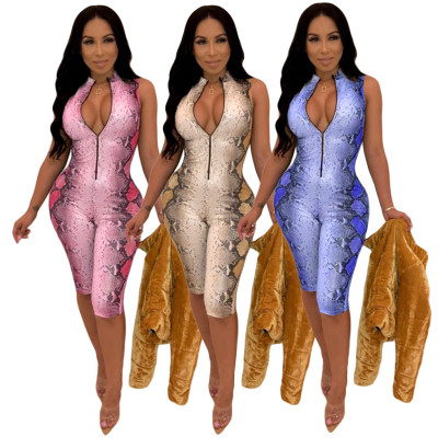 Hot Zipper Snake Print Sleeveless Midi Jumpsuit ML7166
