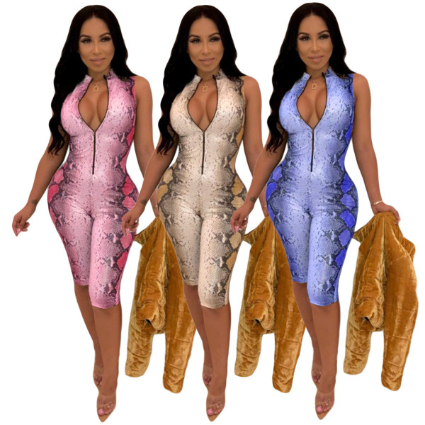 Hot Zipper Snake Print Sleeveless Midi Jumpsuit ML7166