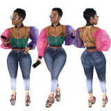 Color Patchwork Long Sleeves Covers Up Perspective Top WJ5045