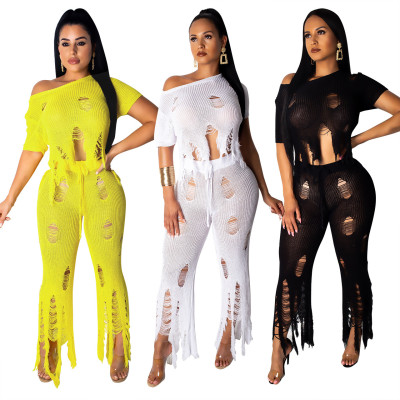 Wholesale Fashion Solid Color 2 Pieces Ripped Outfits Q279