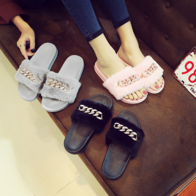 Chain flash drill fur slippers non-slip warm word slippers QF288-1