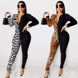 Stylish Zip Up Leopard Print Splicing Bodycon Jumpsuit MA6274