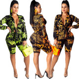 Printing Hot Suits Long Sleeves Tied Top Bodycon Mid Shorts OMY5169