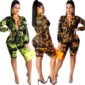 Printing Hot Suits Long Sleeves Tied Top Bodycon Mid Shorts OMY5169