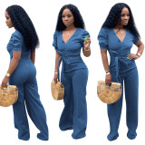 Lovely Denim V Collar Leisure Jumpsuit With Zipper MTY6166