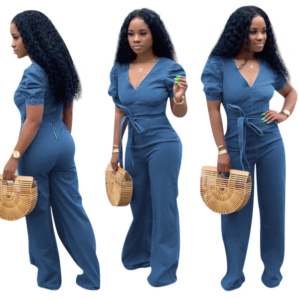 Lovely Denim V Collar Leisure Jumpsuit With Zipper MTY6166