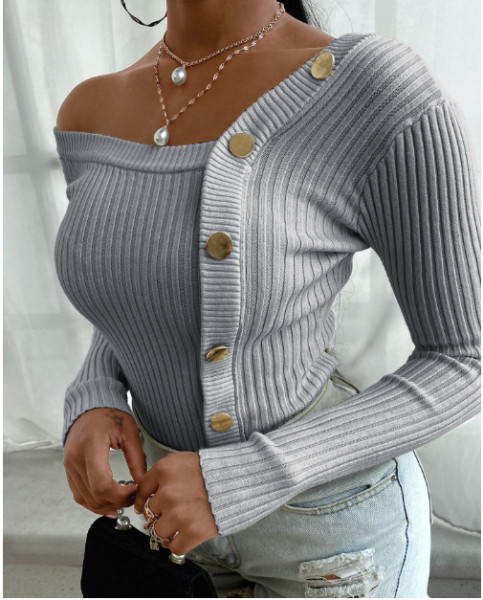 Autumn Knitting Stitching Button One Shoulder Long Sleeves Mini Top ST20209