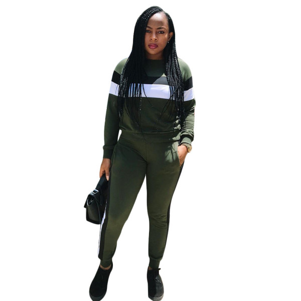 Round Neck Top Slinky Pants Stripe Patchwork Track Suits SN3660