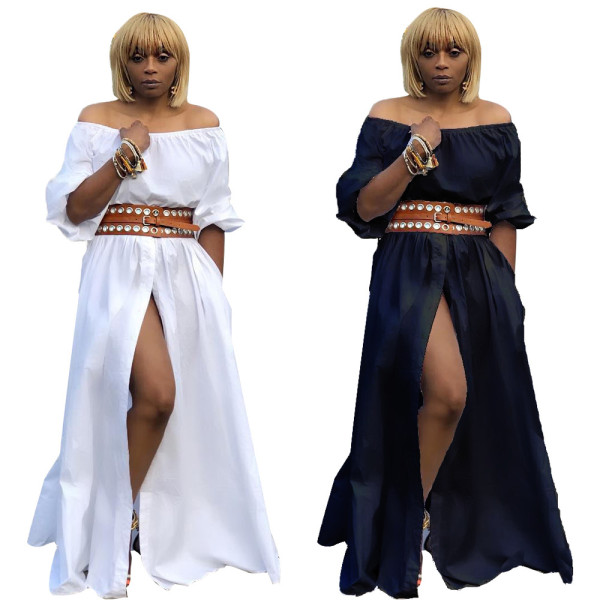 Latest Casual Off Shoulder Black/White Split Maxi Dress L0268