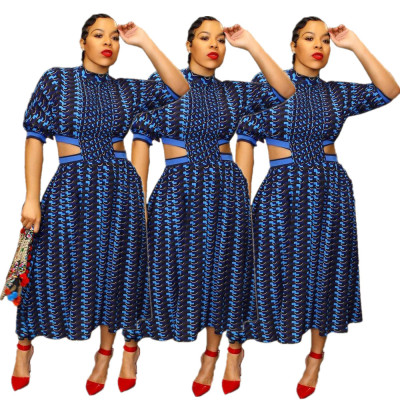National Style Hollow Out Half Sleeves Printing Dress YT3097
