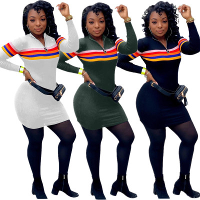 Slim Fitting Colorful Stripe Patchwork Leisure Dress With Zipper S6186