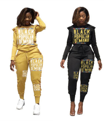 Ladies Bodycon Letters Printing Ruffle Track Suits D8224