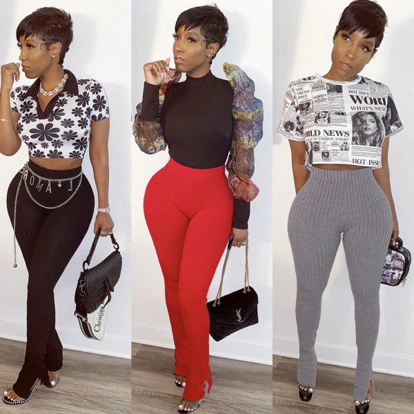 Solid color trousers split flared trousers HR8097