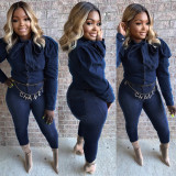 Denim Casual Bowknot Slim Bodycon Single-Breasted Women Top SMR9512