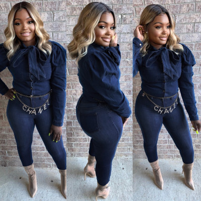 Denim Casual Bowknot Slim Bodycon Single-Breasted Women Top SMR9512