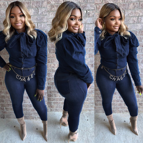 Denim Casual Bowknot Slim Bodycon Single-Breasted Women Top SMR9512