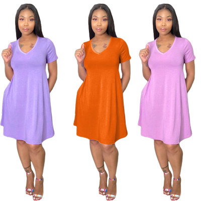 Fashion Solid Color V-Neck Short Sleeves Loose Midi Dress TK6098