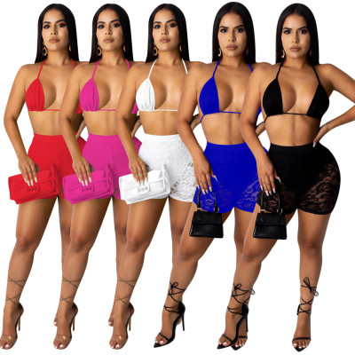 Sexy Backless Suspender Mini Top Perspective Lace Shorts Two Piece Set QQM4052