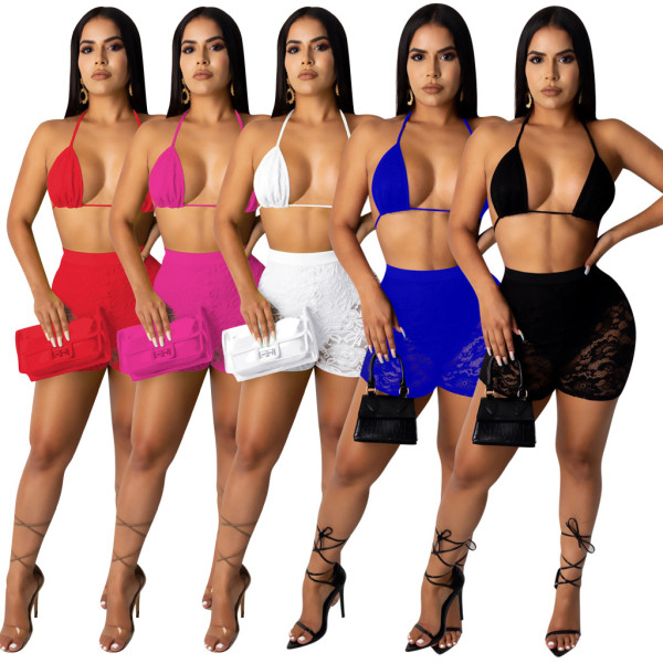 Sexy Backless Suspender Mini Top Perspective Lace Shorts Two Piece Set QQM4052