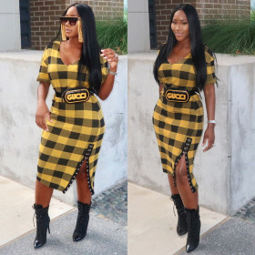 Classic Plaid Slim Bodycon Short Sleeves Midi Dress For Sale M818