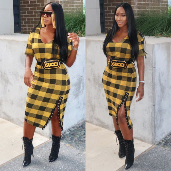 Classic Plaid Slim Bodycon Short Sleeves Midi Dress For Sale M818