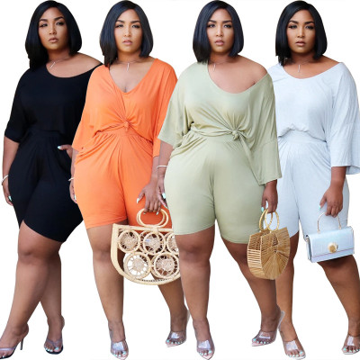Pure color spring and summer new loose short-sleeved shorts two-piece suit MFT212
