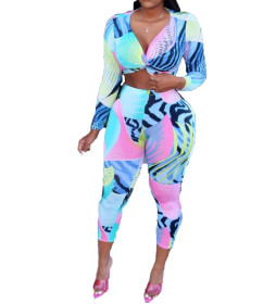 Colorful Outfits Long Sleeves Crop Tops Printing Slinky Pants C2003
