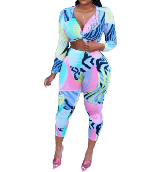 Colorful Outfits Long Sleeves Crop Tops Printing Slinky Pants C2003