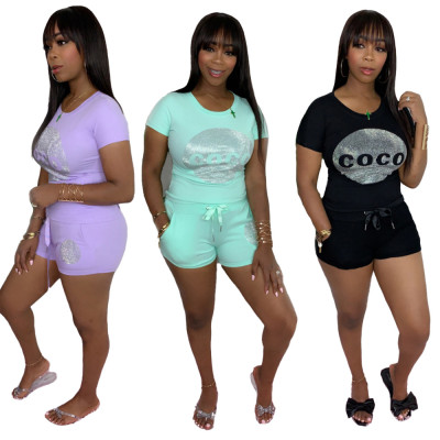 Sports Letter Printed Short Sleeve T-shirt And Drawstring Shorts Two Piece Sets TM8122