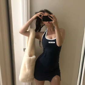 Fashion halter contrast color embroidered slim vest dress women HD6579W06