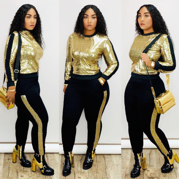Ladies Street Style 2 Pieces Sequined Patchwork Sets MTY6239