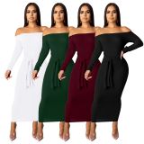 Slim Ladies Ribber Plain Color Flat Shoulder Long Dress SMR9388