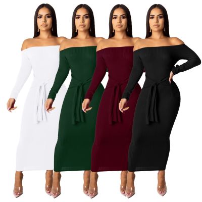 Slim Ladies Ribber Plain Color Flat Shoulder Long Dress SMR9388