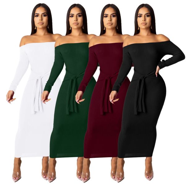Slim Ladies Ribber Plain Color Flat Shoulder Long Dress SMR9388