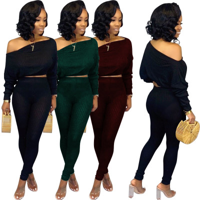 Autumn Newest 2 Pieces Plain Color Tight Ribber Outfits HM5261