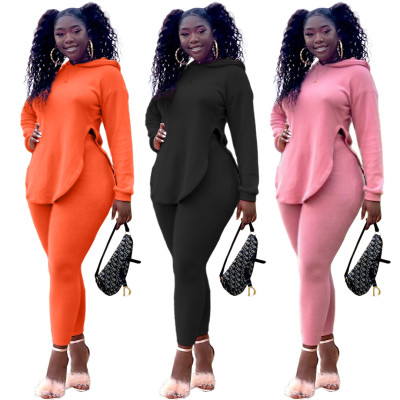 Womens solid color hooded split casual two-piece suit BLX7203