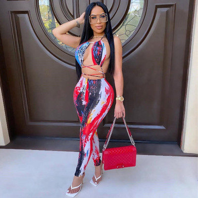 Women's Printed Sexy Hollow Halter Drawstring Jumpsuit P1738073
