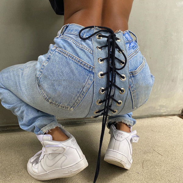 Women's slim fit all-match trend creative back contrast eyelet jeans A20199P
