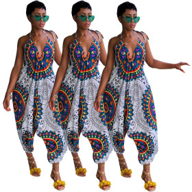 National Style Backless High Waist Blouse Wide Leg Jumpsuit SDD9045