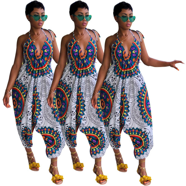 National Style Backless High Waist Blouse Wide Leg Jumpsuit SDD9045