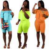 Comfy Pure Color Outfits Off Shoulder Top Women Shorts S6139